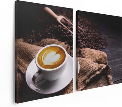 Artaza Canvas Schilderij Tweeluik Kopje Koffie In Een Hartje Met Koffiebonen - 120x80 - Foto Op Canvas - Canvas Print
