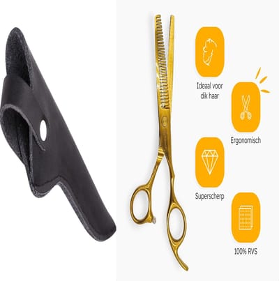 Professor Q – Professionele Effileerschaar – Uitdunschaar Kapper Rechtshandig – Goud – Inclusief Luxe Lederen Etui – 16,5 cm – Zwart