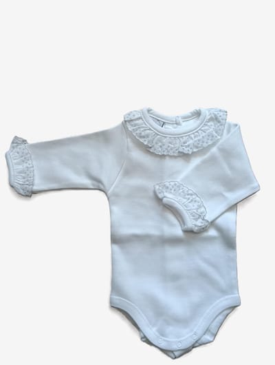 Babidu Romper/Body | Wit | Lange mouw | schattig geborduurd ruche langs de hals en mouwen | wit met grijs | 1191| 36 maand| maat 98