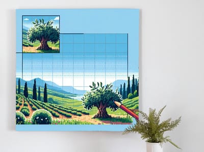 Pixel art olijfboom schilderij | Het boeiende spel van pixels in een betoverende olijfboom | Kunst - 75x75 centimeter op Forex | Foto op Forex
