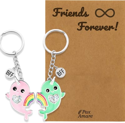 BFF Sleutelhanger voor 2 ' Friends Forever' - Regenboog Narwal Roze & Groen - Sleutelhanger set op Cadeau Kaartje - Zilverkleurig - Vriendschap Symbool - Pax Amare