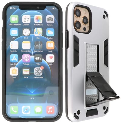 Hoesje met Magnetic Stand Hard Case Geschikt voor de iPhone 12 - iPhone 12 Pro - Stand Shockproof Telefoonhoesje - Grip Stand Back Cover - Zilver