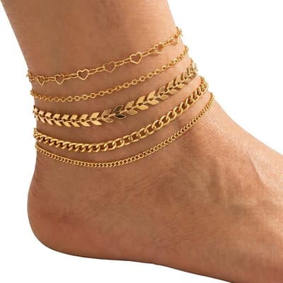 5 Goudkleurige enkelbandjes set voor dames – schakel enkelketting set – glanzende laagjes enkelbandjes – zomerse sieraden