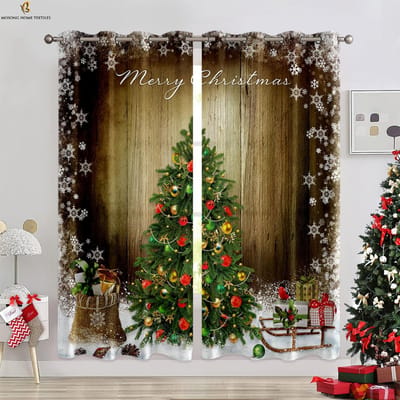 Kerstboom Sneeuwpop Bel Print Gordijn Slaapkamer Woonkamer Restaurant Nieuwjaar Vakantie Feest Decoratie Gordijn Cadeau 2 Stuks W50xH130(CM)x2PCS&Rod pocket brown