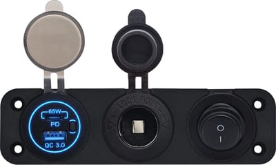 ProRide 12V USB Autolader 2 Poorten - 65W/QC3.0 - Drievoudig inbouw paneel - Sigaretten stopcontact en Schakelaar