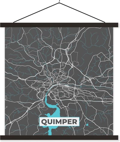Posterhanger incl. Poster 60x60 cm - Schoolplaat - Quimper - Plattegrond - Frankrijk - Stadskaart - Kaart - Textielposter - Zwarte latten - Stadskaart