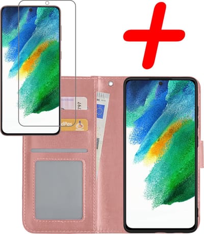Hoesje Met Screenprotector - Geschikt voor Samsung Galaxy S21 FE - Luxe Pasjeshouder - Bookcase Portemonee - Flip Case - Kunstleer Book Case - Flipcase - Book Cover - Walletcase - Portemonneehoes - Rosé goud