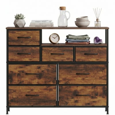 Ladekast / Dressoir voor Slaapkamer, Woonkamer & Hal – Opbergmeubels – Met 8 Stoffen Lades & Open Vak – Ruimtebesparend, Stabiel & Overzichtelijk - Metaal & MDF - Vintage Bruin / Zwart - 100x30x84 cm