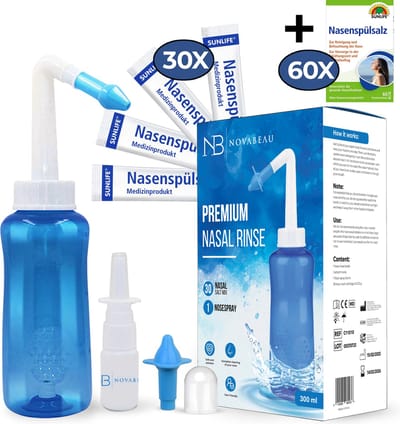 Novabeau Neusdouche met 90 Extra Zoutzakjes en Neusspray - Neusspoeler Van 300 ml voor Hooikoorts en Verstopte Neus – Neusreiniger voor Volwassenen en Kinderen – Neuspomp – Neti Pot