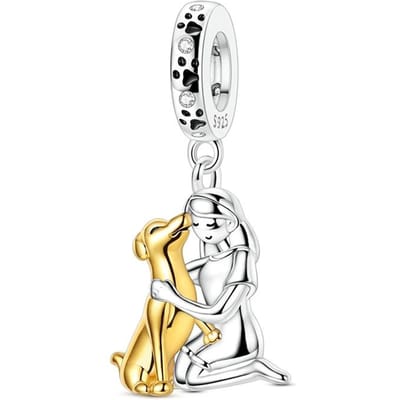 Perle Charme Dangle Bicolore Fille & Chien Interaction Composant Métal Cuivre Chien Animal de Compagnie Composants de Perles Compatibles Avec Bracelet Authentique Original white