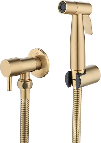 Famanu - Gouden handdouche bidetset van roestvrij staal, handbediende toiletspuit voor persoonlijke hygiëne