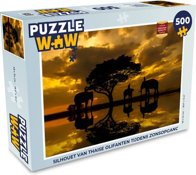 Puzzel Silhouet van Thaise olifanten tijdens zonsopgang - Legpuzzel - Puzzel 500 stukjes