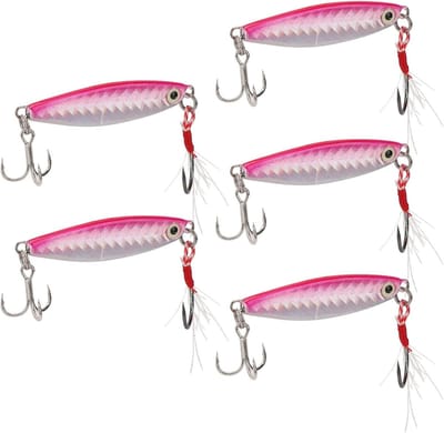 Vijf stuks 15g metalen vib jigs voor vissen, kunstmatige aas met pailletten en veren haak, ideaal voor jigging en zoetwatervissen