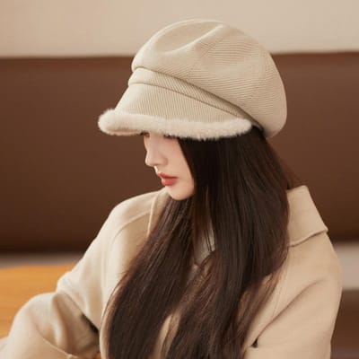 Chapeaux d'Automne et d'Hiver pour Femmes avec Bordure Épaisse en Peluche Haut de Gamme Chapeau Octogonal Couleur Unie Casquette de Baseball Polyvalente Chapeau de Journaliste Chaud pour Bébé average size