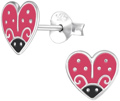 Joy|S - Zilveren hartje oorbellen - lieveheersbeestje - 8 mm - roze met stipjes - kinderoorbellen - sterling zilver 925