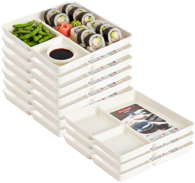 Plasticforte Vakjesborden - 10x stuks - ivoor wit - gourmetbord - 3-vaks - kunststof - 24 x 24 cm - fonduebord - bbq - camping