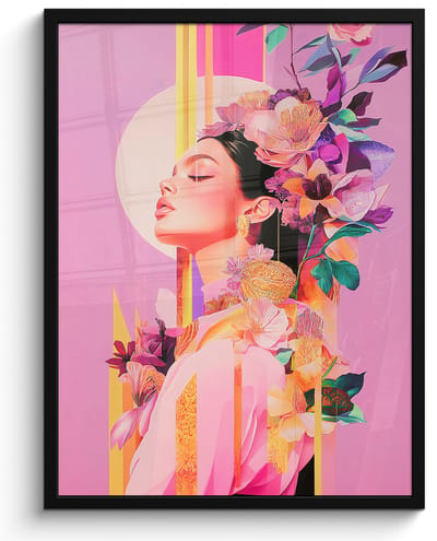 Poster in lijst - Fotolijst 50x70 cm - Posters - Vrouw - Bloemen - Paars - Abstract - Posterlijst zwart - Decoratie - Wanddecoratie woonkamer - Muurdecoratie slaapkamer