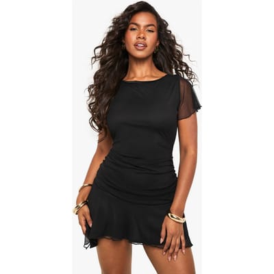 boohoo Dames Mesh skaterjurk met gespleten hals en engelenmouwen | Zwart | Maat: 40