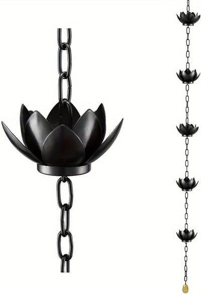 Regenketting Lotus - Gootketting Sier - Buiten Afwatering - Decoratieve Bekers - 15x13x25 cm - Zwart