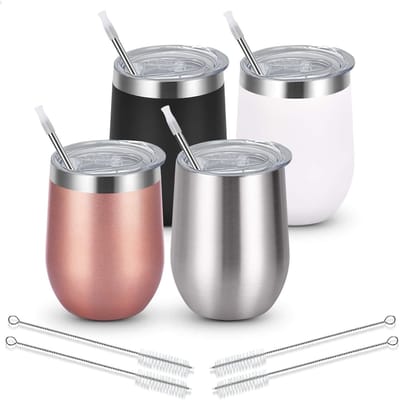 Dailygoods- Wijnbeker Cadeauset van 4 - Dubbelwandige Vacuüm Reisbeker - Onbreekbare Koffiemok - Roestvrij Staal - 350 ml - Hoogwaardige Isolatie - Tumbler