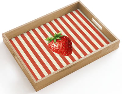 Dienblad hout 40x30 cm - Schootdienblad - Aardbei - Strepen - Rood - Borrelplank rechthoek - Plateau dienbladen