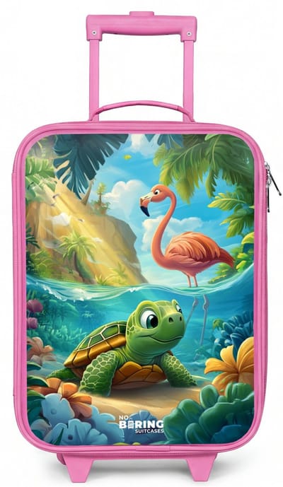 NoBoringSuitcases.com® - Kinderkoffer roze - Kindertrolley meisje - Schildpad in tropisch water met flamingo - Koffer kind lichtgewicht - Reiskoffer trolley voor kinderen - Koffertje met lichtgevende wieltjes - Rolkoffer