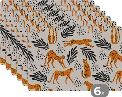 Placemat - Placemats kunststof - Patronen - Bladeren - Jachtluipaard - 45x30 cm - 6 stuks - Hittebestendig - Anti-Slip - Onderlegger - Afneembaar