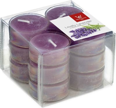 Trend Candles geurtheelichtjes/waxinelichtjes - 12x - lavendel geur - 4 branduren -transparante cup