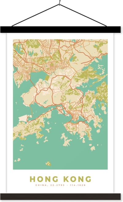 Posterhanger incl. Poster 40x60 cm - Schoolplaat - Kaart - Hong Kong - Stadskaart - Vintage - Plattegrond - Textielposter - Zwarte latten - Stadskaart