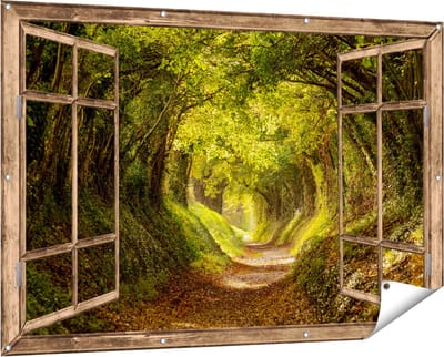 Gards Tuinposter Doorkijk Pad in het Bos met veel Bladeren - 150x100 cm - Tuindoek - Tuindecoratie - Wanddecoratie buiten - Tuinschilderij