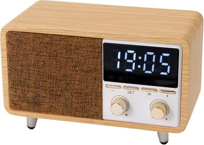 Radio - Bluetooth-luidsprekerradio - Met FM-radio en wekkerfunctie - Retro design - Houtnerffineer - Stoffen gaasbekleding - Dimbaar LED-display - Geschikt voor slaapkamers en kantoren - Oplaadbare radio - Ondersteunt TF-kaart en AUX-ingang