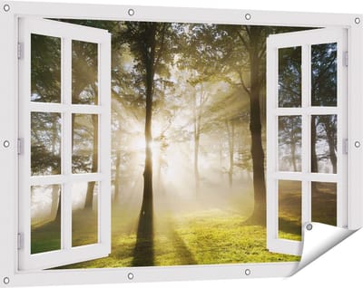 Gards Tuinposter Doorkijk Zon tussen de Bomen - 120x80 cm - Tuindoek - Tuindecoratie - Wanddecoratie buiten - Tuinschilderij