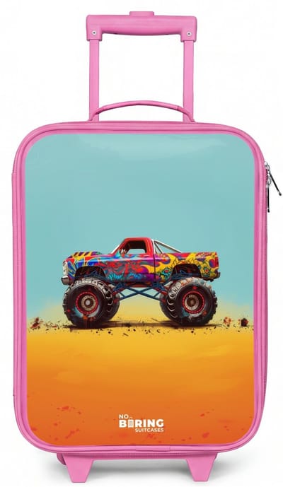 NoBoringSuitcases.com® - Kinderkoffer roze - Kindertrolley meisje - Monstertruck met Graffiti Print in het Zand - Koffer kind lichtgewicht - Reiskoffer trolley voor kinderen - Koffertje met lichtgevende wieltjes - Rolkoffer