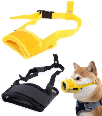 Jhubersproducts - Nylon muilkorf - Ademend - Comfortabel design - Zwart/geel - Voorkomt bijten - Geschikt voor kleine en middelgrote honden