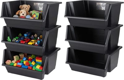 Urban Living Speelgoed opberg bakken - stapelbaar - 6x stuks - 45 x 66 cm - zwart