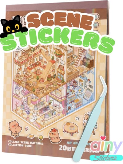 Ainy - Scene 3D Stickerboek Capibara Bruin M | Inclusief Pincet | Set van 20 Achtergronden 13.7*19cm met PET Stickers | Capybara Paradijs miniatuur sticker | Creatief & Rustgevend vakantieboek | Stickervellen voor volwassenen en kinderen
