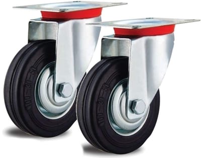 Set van 2 Zwenkwielen 100 mm met Montageplaat en Draadbescherming - Zwart Industrieel Rolwiel