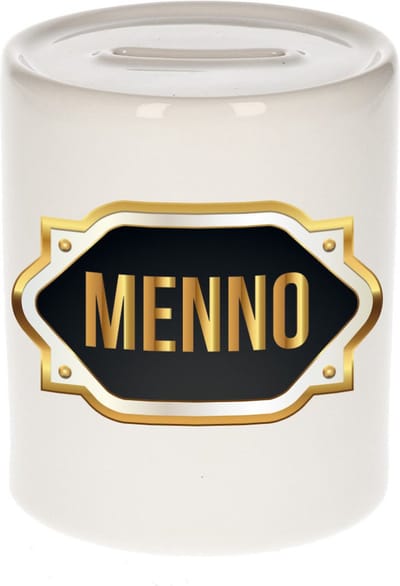Spaarpot met voornaam Menno - wit - met goud/zwart embleem - 8 x 9 cm - keramiek - met afsluitdop - cadeau verjaardag