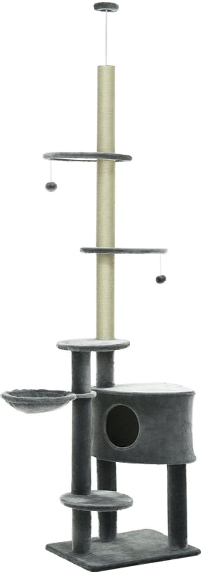 Merax Krabpaal Deckenhoog 220-265 cm – Kattenboom met Speelballen Kattenhuis Hangmat Sisalstammen en Platforms – Donkergrijs – 55x45 cm