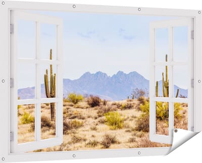 Gards Tuinposter Doorkijk Cactussen in de Woestijn - 150x100 cm - Tuindoek - Tuindecoratie - Wanddecoratie buiten - Tuinschilderij