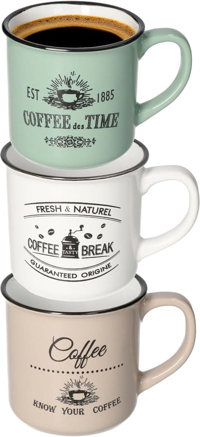 Excellent Houseware Koffiemok Cosy - set van 3x - groen / beige / wit - 330 ml - mokken - keramiek