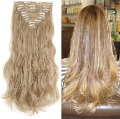 Clip-in haarextensies 8 strengen, natuurlijk ogend golvend haar, donkerblond en lichtblond, 43 cm lang