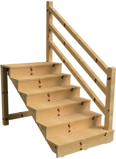 Vrijstaande buitentrap met trapleuning hout Rechts - palen ronde kop - H 6-treden 105cm B 120cm