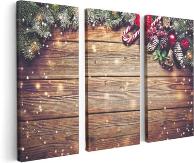 Artaza Canvas Schilderij Drieluik Kerst Sfeer Achtergrond Met Dennenbomen  - 120x80 - Foto Op Canvas - Canvas Print