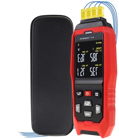 4-Kanaals Thermocouple Meter voor Temperatuurregistratie met Geluid- en Lichtalarm -200~1262℃ (-328~2501°F) voor Nauwkeurige Metingen en Dataopslag
