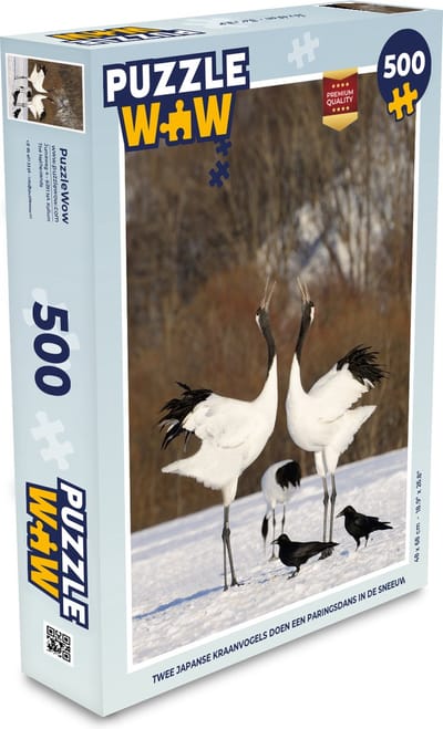 Puzzel Twee Japanse kraanvogels doen een paringsdans in de sneeuw - Legpuzzel - Puzzel 500 stukjes