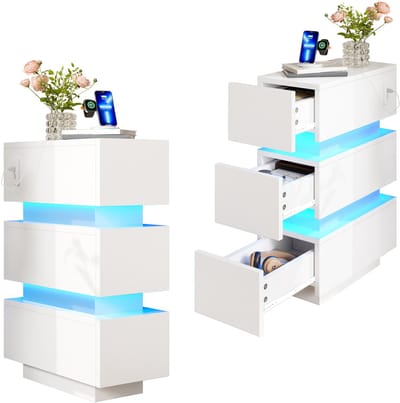 mal Nachtkastje 20 cm Breed Set van 2 - Met LED Verlichting, USB & Type-C Oplaadpunt - 3 Lades - Wit Spaanplaat - Slaapkamer