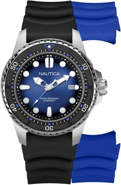 Nautica Nct Sea Dive Quartz Analoog Horloge Zwart Material 100% Roestvrij Staal & 100% Siliconaarmband 47 mm NAPSDF503, NAPSDF504