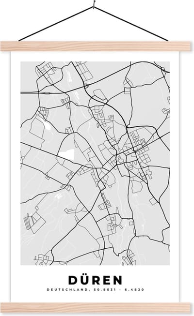 Posterhanger incl. Poster 40x60 cm - Schoolplaat - Plattegrond - Duitsland - Düren - Kaart - Stadskaart - Textielposter - Blanke latten - Stadskaart