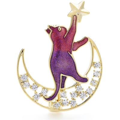 Broches Chat Étoile à Attraper Pour Femmes Unisexe Émail Couleur Debout Sur Lune Chat Animaux de Compagnie Fête Bureau Broche Épinglette Cadeaux violet